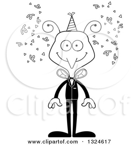 Lineart Clipart of a Cartoon Black and White Happy New Year Party Mosquito - Royalty Free Outline Vector Illustration by Cory Thoman