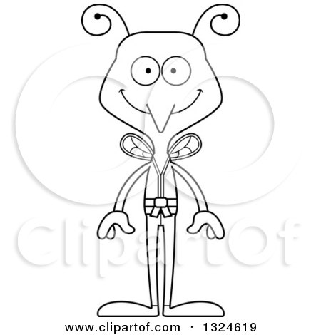 Lineart Clipart of a Cartoon Black and White Happy Karate Mosquito - Royalty Free Outline Vector Illustration by Cory Thoman