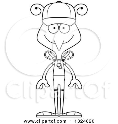 Lineart Clipart of a Cartoon Black and White Happy Mosquito Sports Coach - Royalty Free Outline Vector Illustration by Cory Thoman