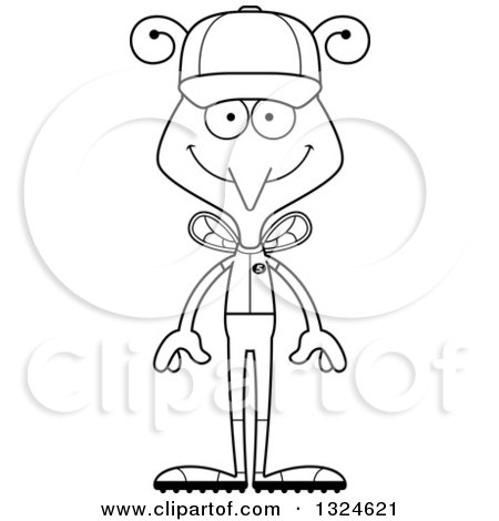 Lineart Clipart of a Cartoon Black and White Happy Mosquito Baseball Player - Royalty Free Outline Vector Illustration by Cory Thoman
