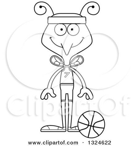 Lineart Clipart of a Cartoon Black and White Happy Mosquito Basketball Player - Royalty Free Outline Vector Illustration by Cory Thoman
