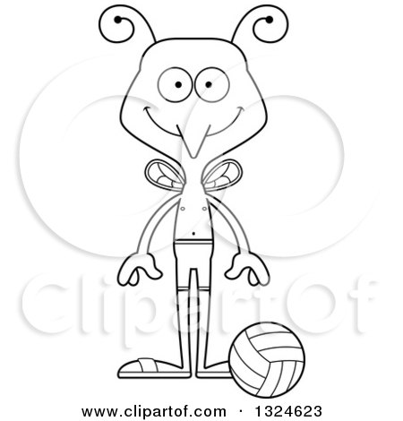 Lineart Clipart of a Cartoon Black and White Happy Mosquito Beach Volleyball Player - Royalty Free Outline Vector Illustration by Cory Thoman