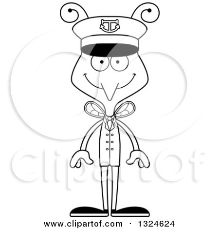 Lineart Clipart of a Cartoon Black and White Happy Mosquito Boat Captain - Royalty Free Outline Vector Illustration by Cory Thoman