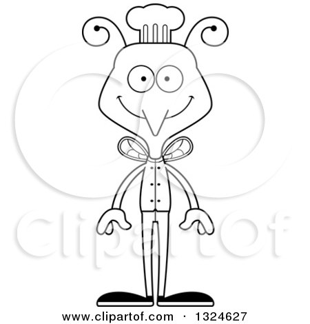 Lineart Clipart of a Cartoon Black and White Happy Mosquito Chef - Royalty Free Outline Vector Illustration by Cory Thoman
