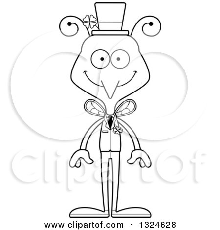 Lineart Clipart of a Cartoon Black and White Happy Irish St Patricks Day Mosquito - Royalty Free Outline Vector Illustration by Cory Thoman