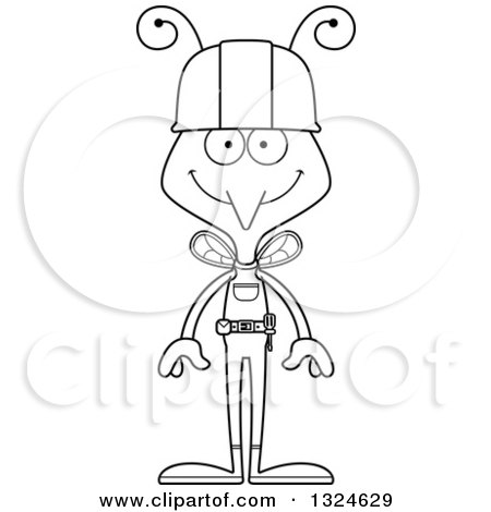 Lineart Clipart of a Cartoon Black and White Happy Mosquito Construction Worker - Royalty Free Outline Vector Illustration by Cory Thoman
