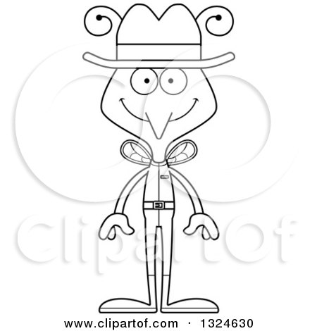 Lineart Clipart of a Cartoon Black and White Happy Mosquito Cowboy - Royalty Free Outline Vector Illustration by Cory Thoman