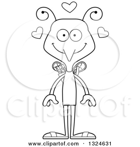 Lineart Clipart of a Cartoon Black and White Happy Mosquito Valentines Day Cupid - Royalty Free Outline Vector Illustration by Cory Thoman