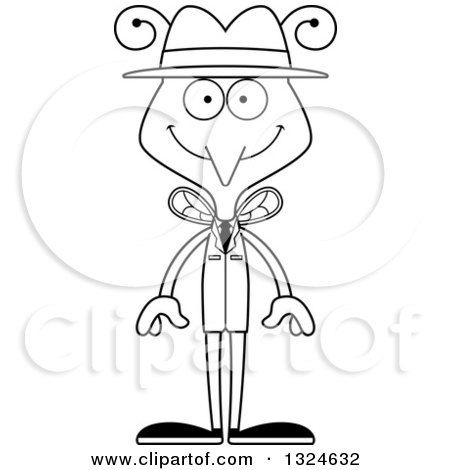 Lineart Clipart of a Cartoon Black and White Happy Mosquito Detective - Royalty Free Outline Vector Illustration by Cory Thoman