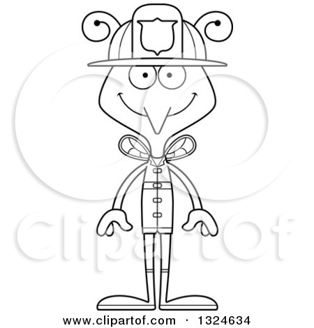 Lineart Clipart of a Cartoon Black and White Happy Mosquito Firefighter - Royalty Free Outline Vector Illustration by Cory Thoman
