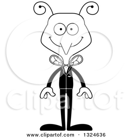 Lineart Clipart of a Cartoon Black and White Happy Mosquito Wedding Groom - Royalty Free Outline Vector Illustration by Cory Thoman