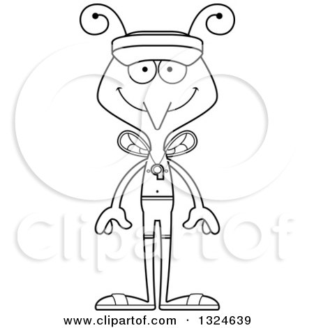 Lineart Clipart of a Cartoon Black and White Happy Mosquito Lifeguard - Royalty Free Outline Vector Illustration by Cory Thoman