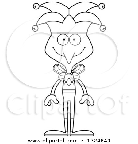 Lineart Clipart of a Cartoon Black and White Happy Mosquito Jester - Royalty Free Outline Vector Illustration by Cory Thoman