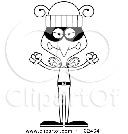Lineart Clipart of a Cartoon Black and White Angry Mosquito Robber - Royalty Free Outline Vector Illustration by Cory Thoman