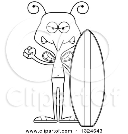 Lineart Clipart of a Cartoon Black and White Angry Mosquito Surfer - Royalty Free Outline Vector Illustration by Cory Thoman