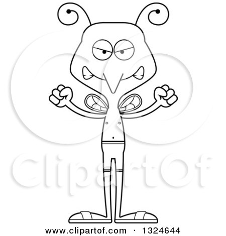 Lineart Clipart of a Cartoon Black and White Angry Mosquito Swimmer - Royalty Free Outline Vector Illustration by Cory Thoman