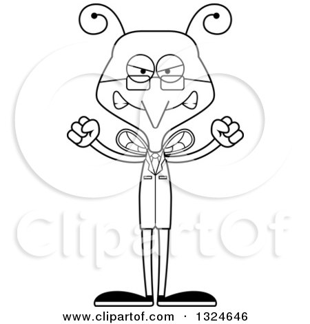 Lineart Clipart of a Cartoon Black and White Angry Mosquito Scientist - Royalty Free Outline Vector Illustration by Cory Thoman