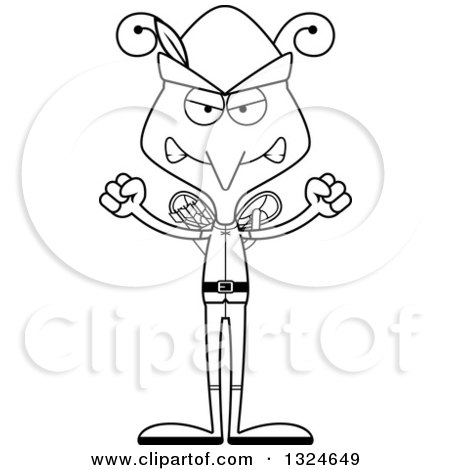 Lineart Clipart of a Cartoon Black and White Angry Mosquito Robin Hood - Royalty Free Outline Vector Illustration by Cory Thoman