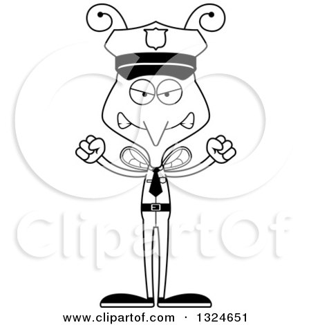 Lineart Clipart of a Cartoon Black and White Angry Mosquito Police Officer - Royalty Free Outline Vector Illustration by Cory Thoman