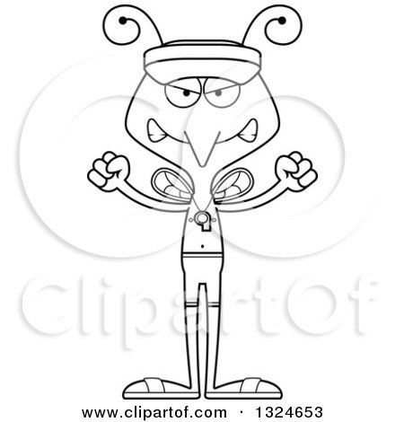 Lineart Clipart of a Cartoon Black and White Angry Mosquito Lifeguard - Royalty Free Outline Vector Illustration by Cory Thoman