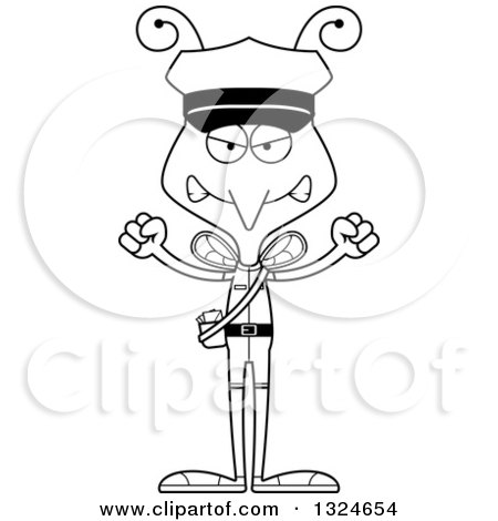 Lineart Clipart of a Cartoon Black and White Angry Mosquito Mailman - Royalty Free Outline Vector Illustration by Cory Thoman