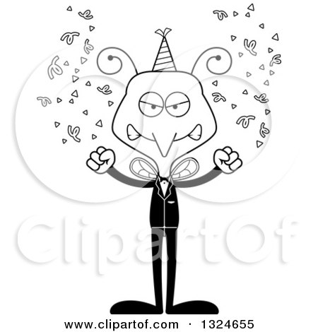 Lineart Clipart of a Cartoon Black and White Angry New Year Party Mosquito - Royalty Free Outline Vector Illustration by Cory Thoman