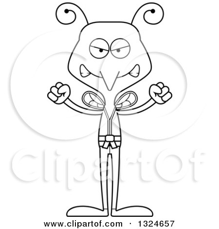 Lineart Clipart of a Cartoon Black and White Angry Karate Mosquito - Royalty Free Outline Vector Illustration by Cory Thoman