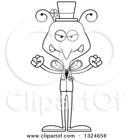 Lineart Clipart of a Cartoon Black and White Angry Irish St Patricks Day Mosquito - Royalty Free Outline Vector Illustration by Cory Thoman
