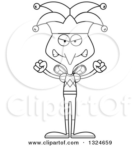 Lineart Clipart of a Cartoon Black and White Angry Mosquito Jester - Royalty Free Outline Vector Illustration by Cory Thoman
