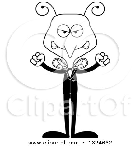 Lineart Clipart of a Cartoon Black and White Angry Mosquito Wedding Groom - Royalty Free Outline Vector Illustration by Cory Thoman