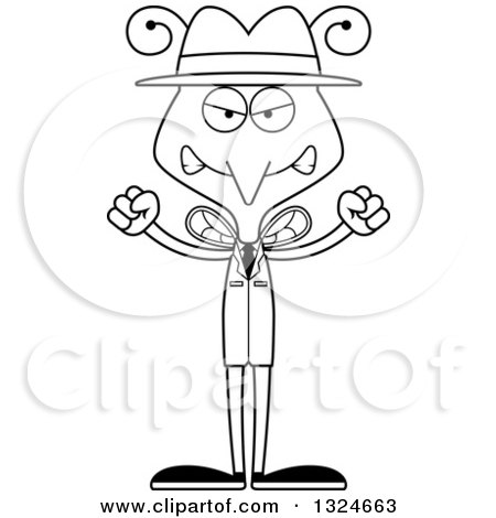 Lineart Clipart of a Cartoon Black and White Angry Mosquito Detective - Royalty Free Outline Vector Illustration by Cory Thoman