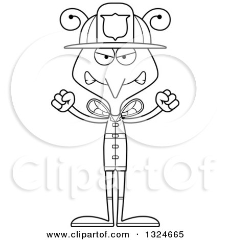 Lineart Clipart of a Cartoon Black and White Angry Mosquito Firefighter - Royalty Free Outline Vector Illustration by Cory Thoman