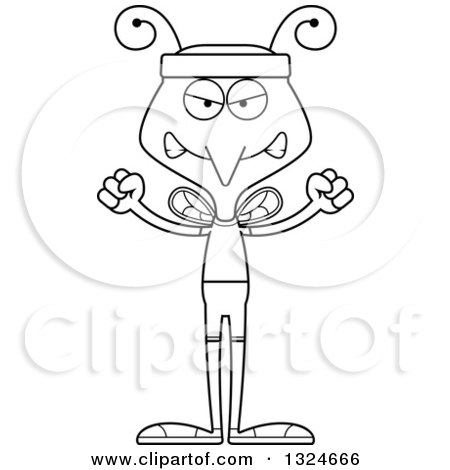 Lineart Clipart of a Cartoon Black and White Angry Fitness Mosquito - Royalty Free Outline Vector Illustration by Cory Thoman