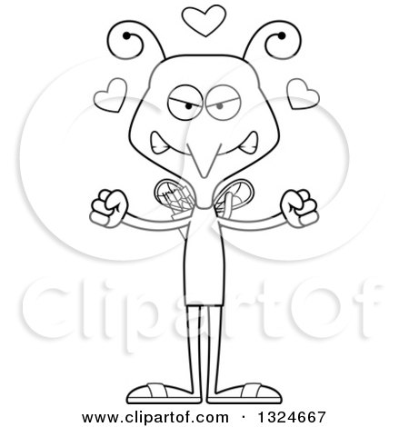 Lineart Clipart of a Cartoon Black and White Angry Mosquito Valentines Day Cupid - Royalty Free Outline Vector Illustration by Cory Thoman