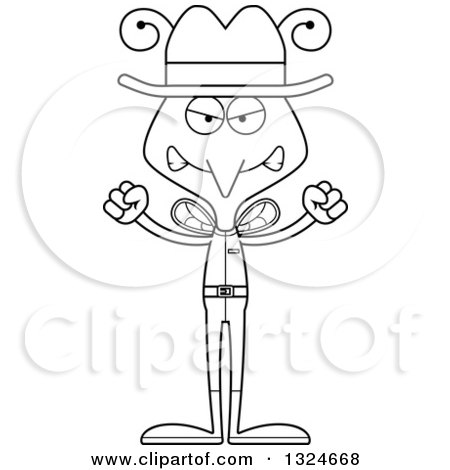 Lineart Clipart of a Cartoon Black and White Angry Mosquito Cowboy - Royalty Free Outline Vector Illustration by Cory Thoman