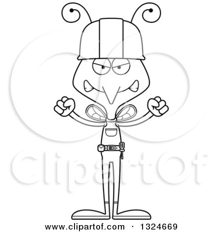 Lineart Clipart of a Cartoon Black and White Angry Mosquito Construction Worker - Royalty Free Outline Vector Illustration by Cory Thoman