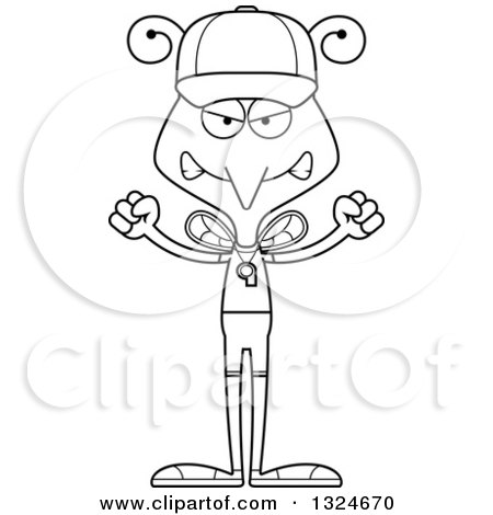 Lineart Clipart of a Cartoon Black and White Angry Mosquito Sports Coach - Royalty Free Outline Vector Illustration by Cory Thoman