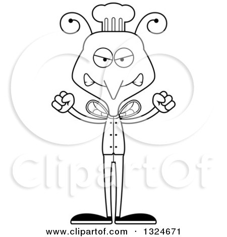 Lineart Clipart of a Cartoon Black and White Angry Mosquito Chef - Royalty Free Outline Vector Illustration by Cory Thoman