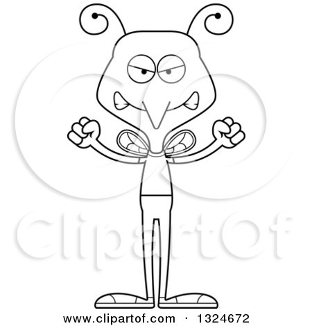 Lineart Clipart of a Cartoon Black and White Angry Casual Mosquito - Royalty Free Outline Vector Illustration by Cory Thoman
