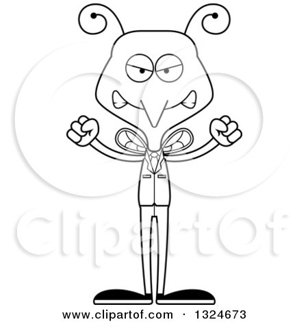 Lineart Clipart of a Cartoon Black and White Angry Business Mosquito - Royalty Free Outline Vector Illustration by Cory Thoman