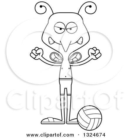 Lineart Clipart of a Cartoon Black and White Angry Mosquito Beach Volleyball Player - Royalty Free Outline Vector Illustration by Cory Thoman