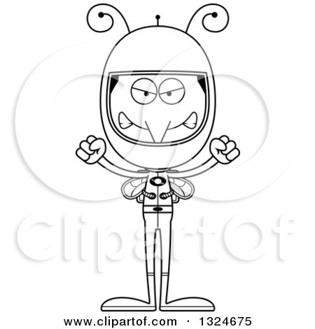 Lineart Clipart of a Cartoon Black and White Angry Mosquito Astronaut - Royalty Free Outline Vector Illustration by Cory Thoman