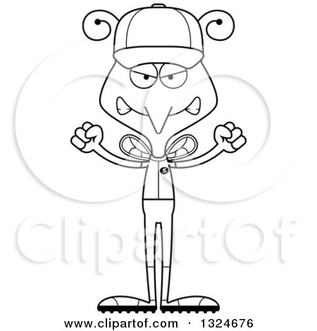 Lineart Clipart of a Cartoon Black and White Angry Mosquito Baseball Player - Royalty Free Outline Vector Illustration by Cory Thoman