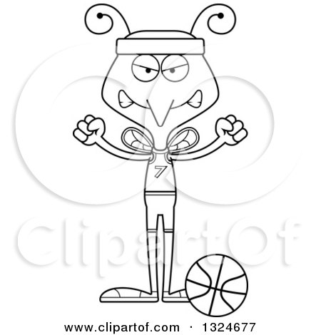 Lineart Clipart of a Cartoon Black and White Angry Mosquito Basketball Player - Royalty Free Outline Vector Illustration by Cory Thoman