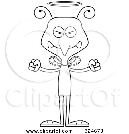 Lineart Clipart of a Cartoon Black and White Angry Mosquito Angel - Royalty Free Outline Vector Illustration by Cory Thoman