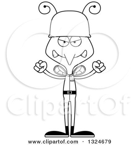Lineart Clipart of a Cartoon Black and White Angry Mosquito Army Soldier - Royalty Free Outline Vector Illustration by Cory Thoman