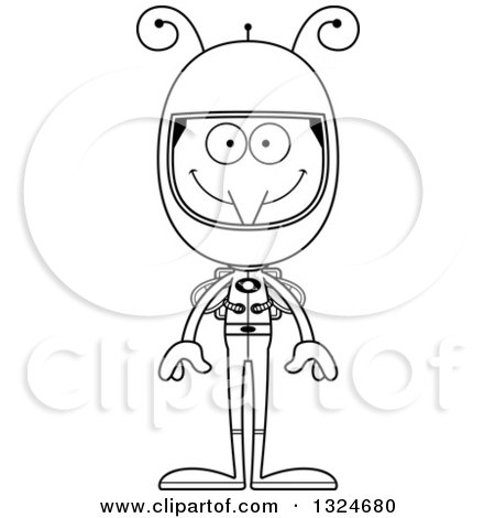 Lineart Clipart of a Cartoon Black and White Happy Mosquito Astronaut - Royalty Free Outline Vector Illustration by Cory Thoman