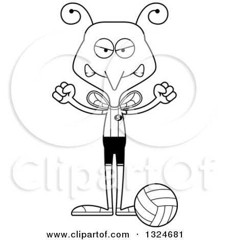Lineart Clipart of a Cartoon Black and White Angry Mosquito Volleyball Player - Royalty Free Outline Vector Illustration by Cory Thoman