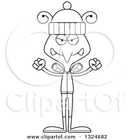 Lineart Clipart of a Cartoon Black and White Angry Mosquito in Winter Clothes - Royalty Free Outline Vector Illustration by Cory Thoman