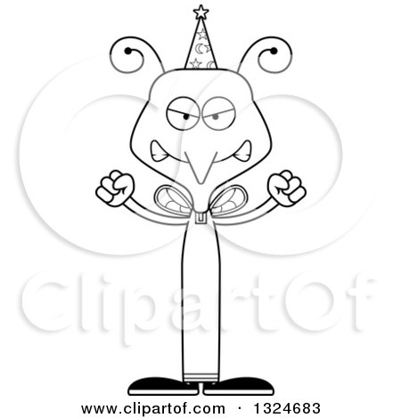 Lineart Clipart of a Cartoon Black and White Angry Mosquito Wizard - Royalty Free Outline Vector Illustration by Cory Thoman